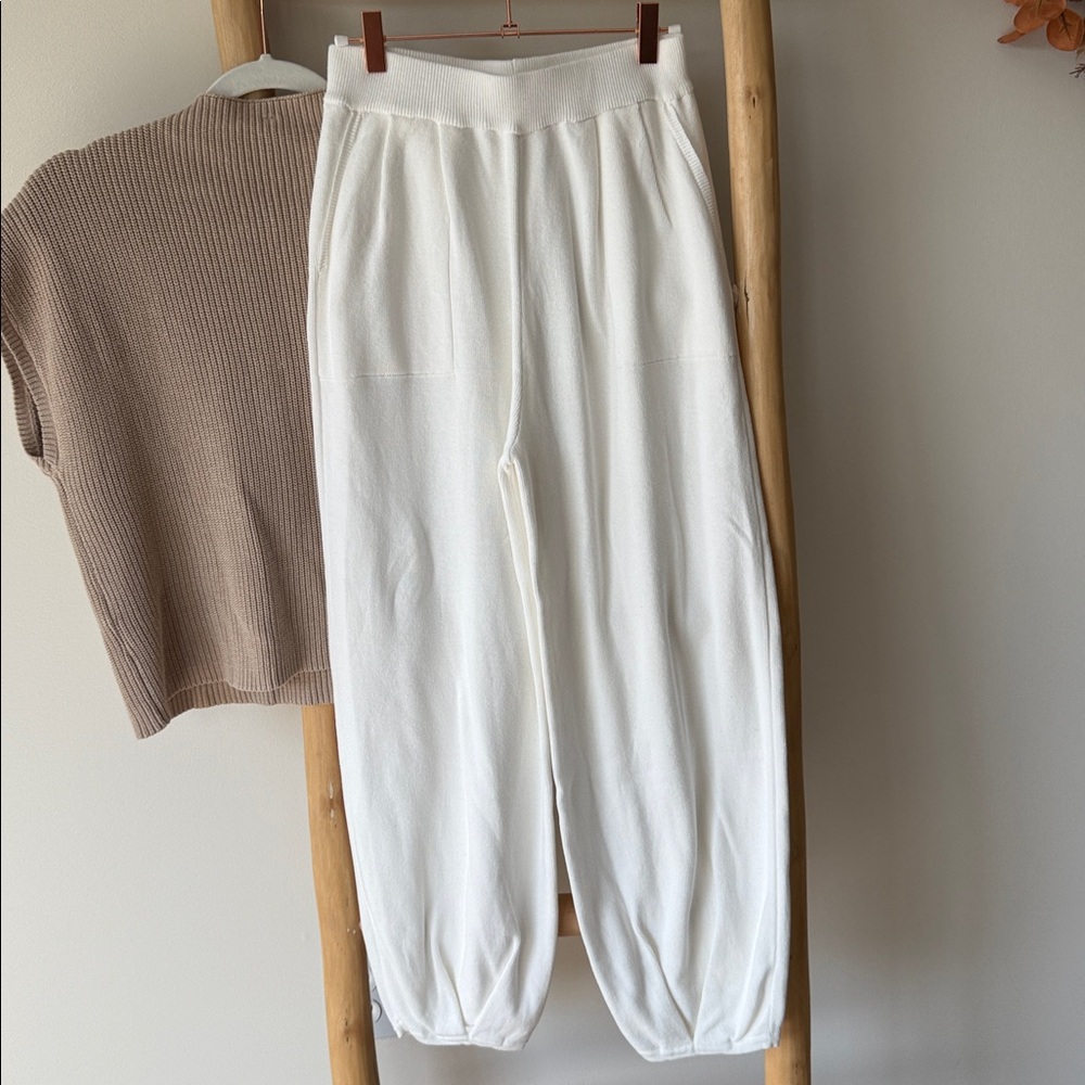 Amazon 2Pc Khaki Knit Top White High Waist Knit Jogger Pant Lounge Set M NWOT - Picture 9 of 16